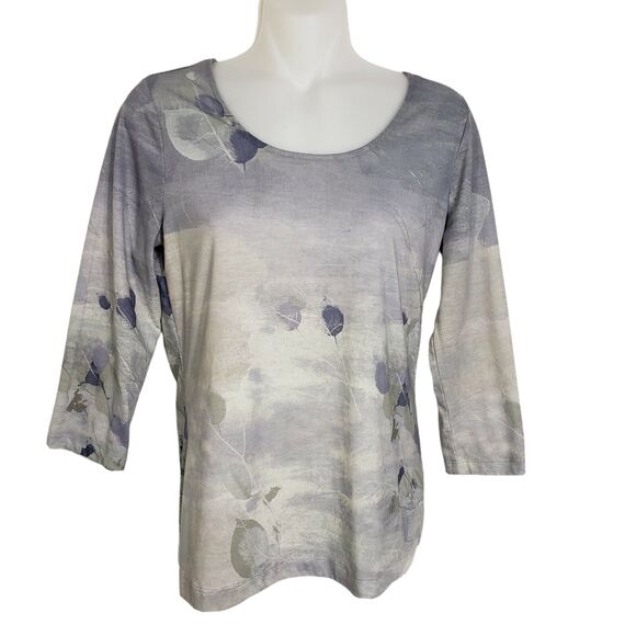 Coldwater Creek Womens Top XS 4 Green Blue Leaves Printed 3/4 Sleeve Round Neck - Picture 1 of 8